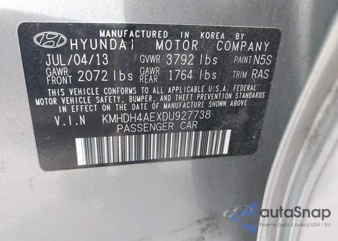 2013 Hyundai Elantra Gls from USA, damaged, VIN KMHDH4AEXDU927738